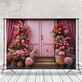Aperturee - Pink Door Curtain Colorful Floral Backdrop For Photo